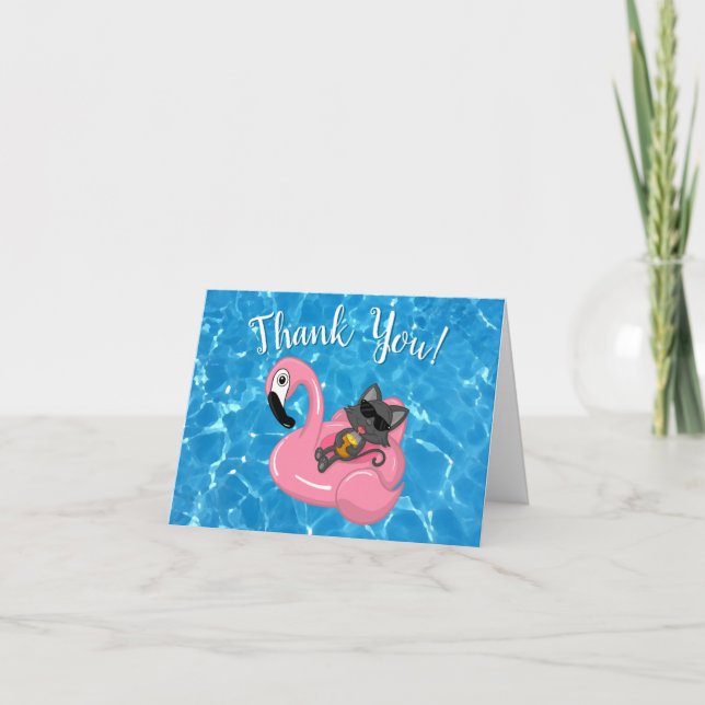 Cute Cat Flamingo Kids Birthday Pool Party Thank You Card (Front)