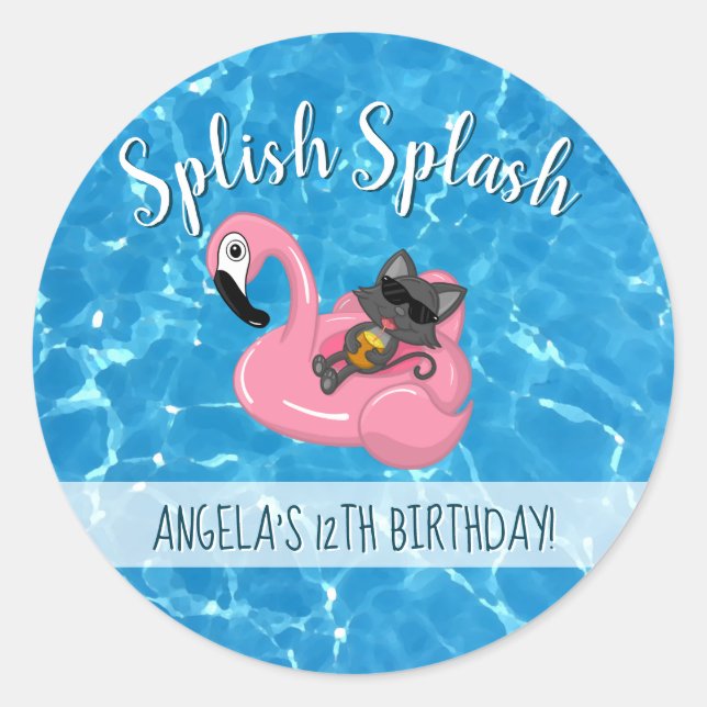 Cute Cat Flamingo Kids Pool Party Birthday Classic Round Sticker (Front)