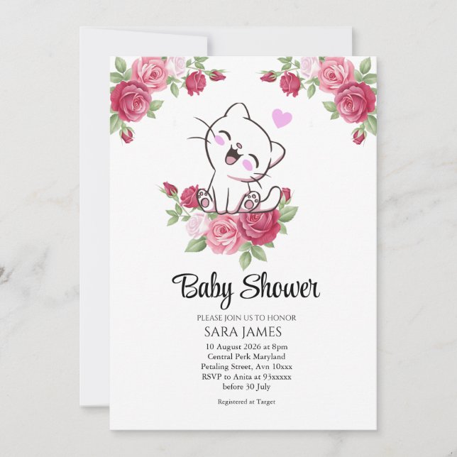 Cute Cat Floral Baby Shower Invitation (Front)