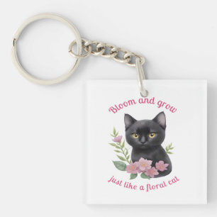 Cute Cat Floral Design Bloom and Grow Key Ring