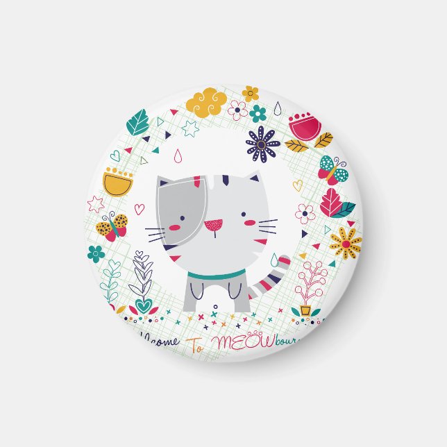 Cute Cat Floral Design Magnet (Front)
