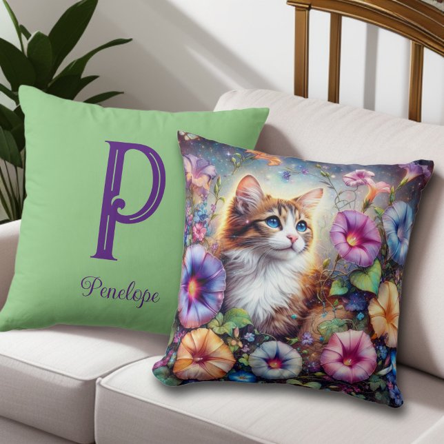 Cute Cat Floral Garden Custom Monogram Cushion (Creator Uploaded)