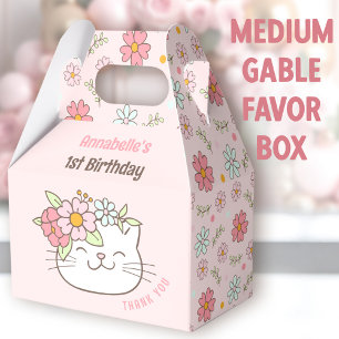 Cute Cat Floral Pink Girl 1st Birthday Medium Favour Box