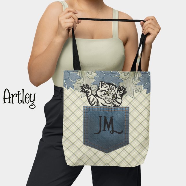 Cute Cat Floral Plaid Jean Pocket Monogram Initial Tote Bag (Creator Uploaded)