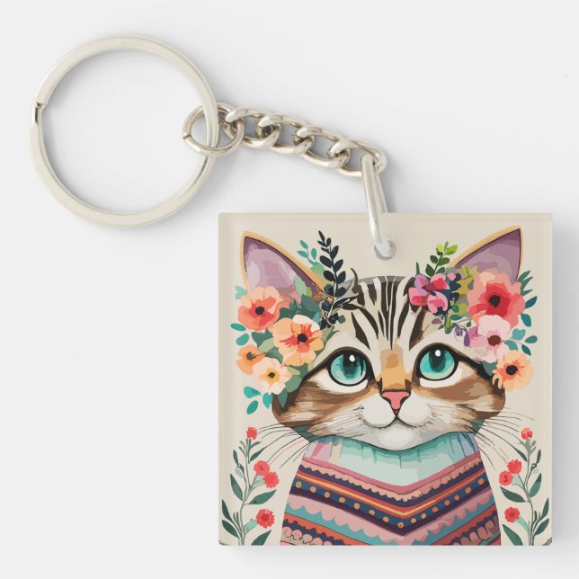Cute Cat Floral Watercolor  Key Ring (Front)