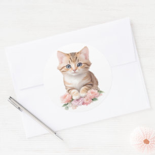 Cute Cat Floral Whimsical Feline Blossoms Classic Round Sticker