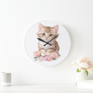 Cute Cat Floral Whimsical Feline Blossoms Large Clock