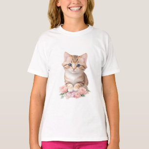 Cute Cat Floral Whimsical Feline Blossoms  T-Shirt