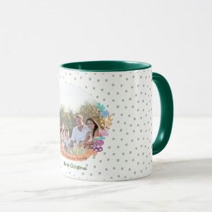 Cute Cat Floral Wreath White Christmas Photo Mug