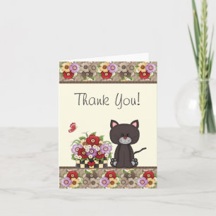 Cute Cat, Flowers and Butterfly Thank You Card