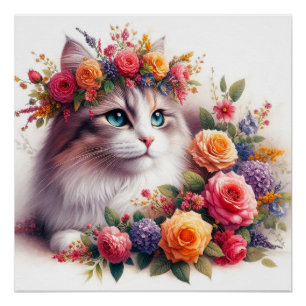 Cute cat flowers painting poster