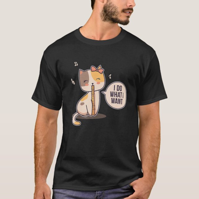 Cute Cat Flute Player Girl Flautist T-Shirt (Front)