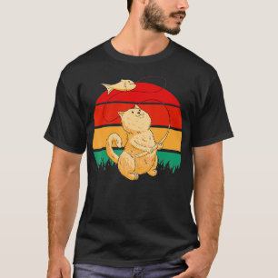 Cute Cat Fly Fishing Retro Sunset Cat Play With Fi T-Shirt