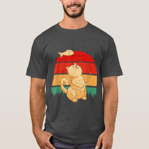 Cute Cat Fly Fishing Retro Sunset Cat Play With Fi T-Shirt