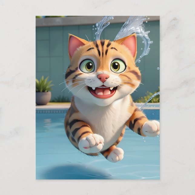 Cute Cat Flying Swimming Diving in Pool Funny Postcard (Front)