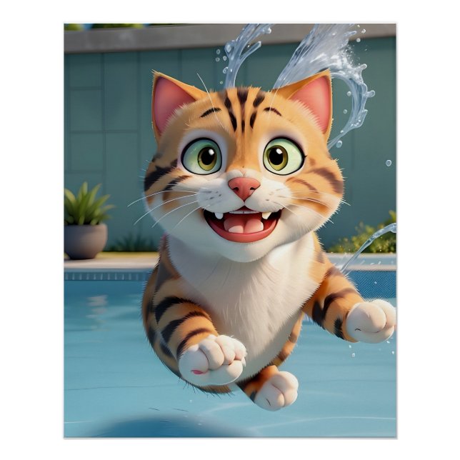 Cute Cat Flying Swimming Diving in Pool Funny Poster (Front)