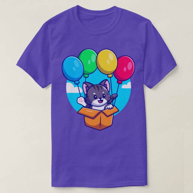Cute Cat Flying With Cardboard Box And Balloon Car T-Shirt (Design Front)