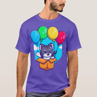 Cute Cat Flying With Cardboard Box And Balloon Car T-Shirt