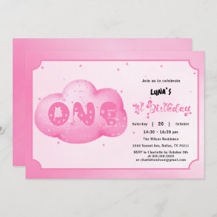 Cute Cat Font Watercolor Pink Cloud 1st Birthday Invitation