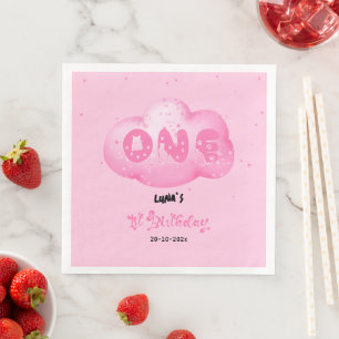 Cute Cat Font Watercolor Pink Cloud 1st Birthday Napkin