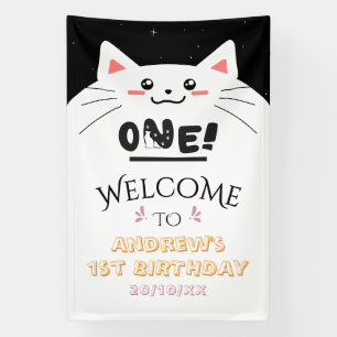 Cute Cat Frame Sparkling Star 1st Birthday Welcome Banner