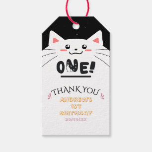 Cute Cat Frame Sparkling Stars 1st Birthday Gift Tags