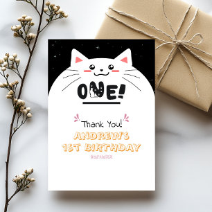 Cute Cat Frame Sparkling Stars 1st Birthday Thank You Card