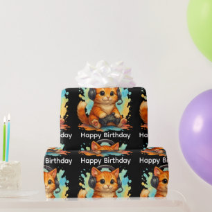 cute cat gamer birthday gift wrapping paper 