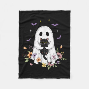 Cute Cat Ghost Flowers Spooky Halloween Vibes Men Fleece Blanket