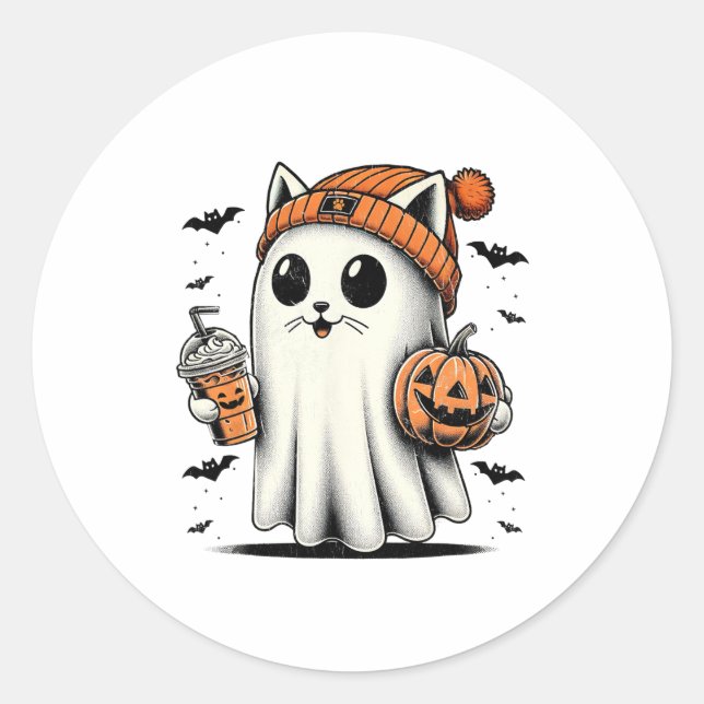 Cute Cat Ghost Iced Coffee Funny Ghost Halloween I Classic Round Sticker (Front)