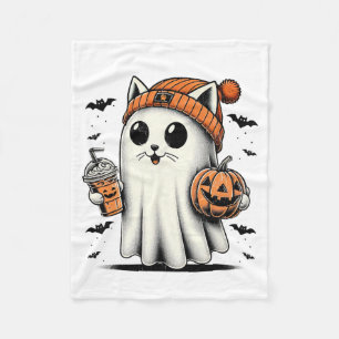 Cute Cat Ghost Iced Coffee Funny Ghost Halloween I Fleece Blanket