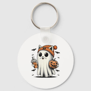 Cute Cat Ghost Iced Coffee Funny Ghost Halloween I Key Ring