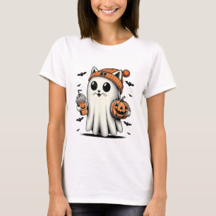 Cute Cat Ghost Iced Coffee Funny Ghost Halloween I T-Shirt