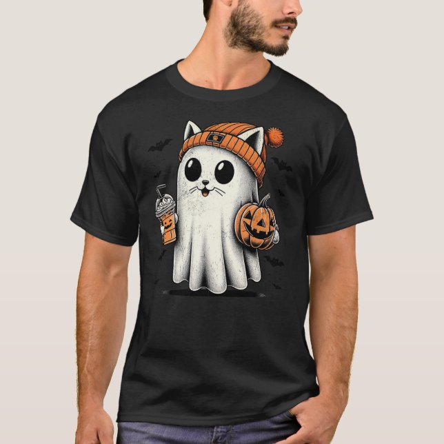 Cute Cat Ghost Iced Coffee Funny Ghost Halloween I T-Shirt (Front)