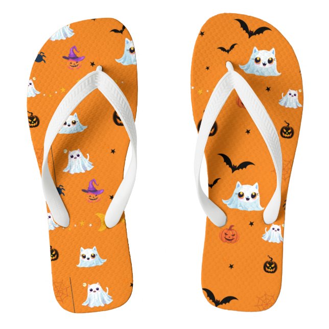 Cute Cat ghost sheet Halloween pumpkin party gifts Thongs (Footbed)