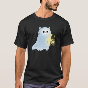 Cute Cat Ghost With Lantern Spook Phantom Hallowee T-Shirt