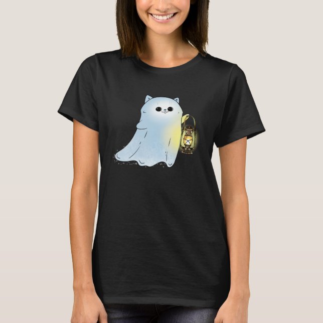 Cute Cat Ghost With Lantern Spook Phantom Hallowee T-Shirt (Front)