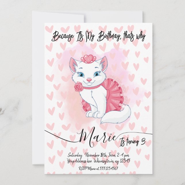 Cute cat  girl birthday invitation. invitation (Front)