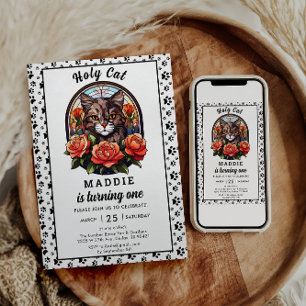 Cute Cat Girl First Birthday Invitation