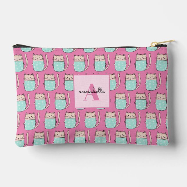 Cute cat girls pink monogram accessory pouch (Back)