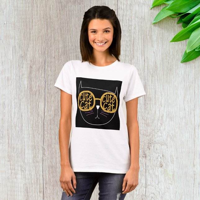 Cute Cat Glasses Graphic Gold Glitter Kitty Face  T-Shirt (Creator Uploaded)