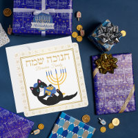Cute Cat Gold Menorah Blue Dreidel Jewish Hanukkah