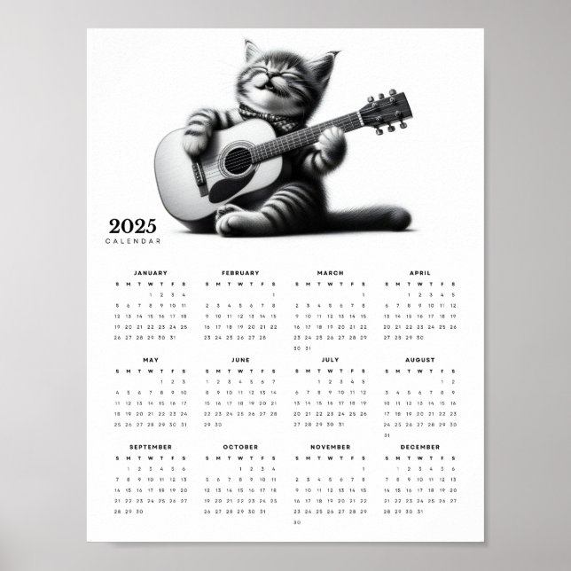 Cute Cat Guitarist Wearing a Scarf 2025 Calendar Poster (Front)
