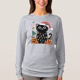 Cute Cat Hallothanksmas Funny Pumpkins Halloween T-Shirt