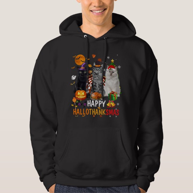 Cute Cat Halloween Merry Christmas Happy Hallothan Hoodie (Front)