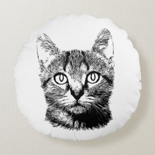 Cute Cat Hand Drawn Kitten Black & White Meow Round Cushion