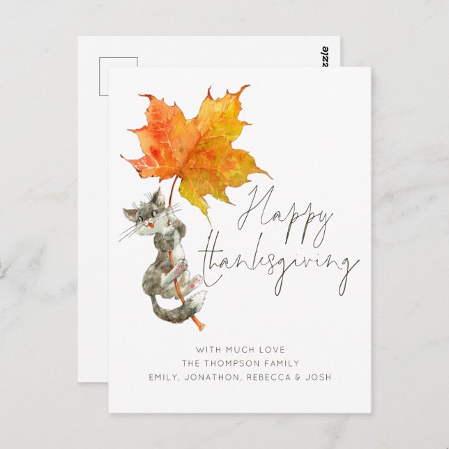 Cute Cat Handwritten Script Happy Thanksgiving Postcard (Front/Back)