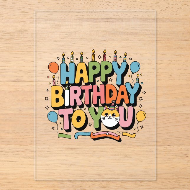Cute Cat Happy Birthday Acrylic Invitations (Front)