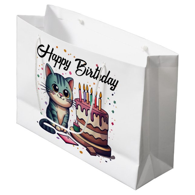 Cute Cat Happy Birthday Large Gift Bag (Front Angled)