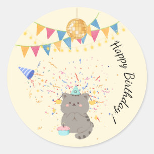 Cute Cat Happy Birthday Round Sticker   Pastel 